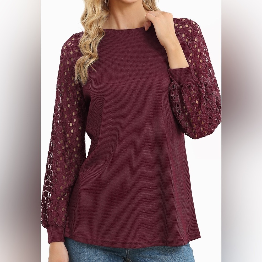 Burgundy Knit Sweater Tunic Lace Long Sleeves Back Zipper Closure Casual XXL